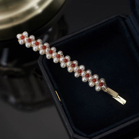 Elegant Pearl and Red Bead Hair Barrette